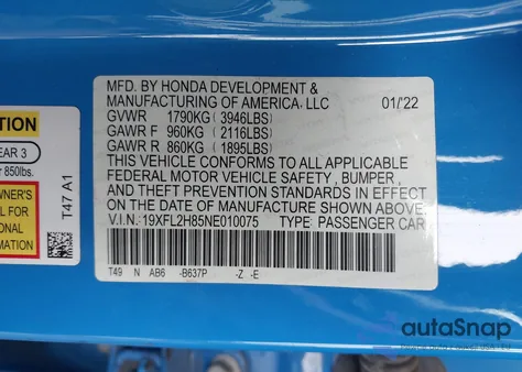2022 Honda Civic Sport from USA, damaged, VIN 19XFL2H85NE010075